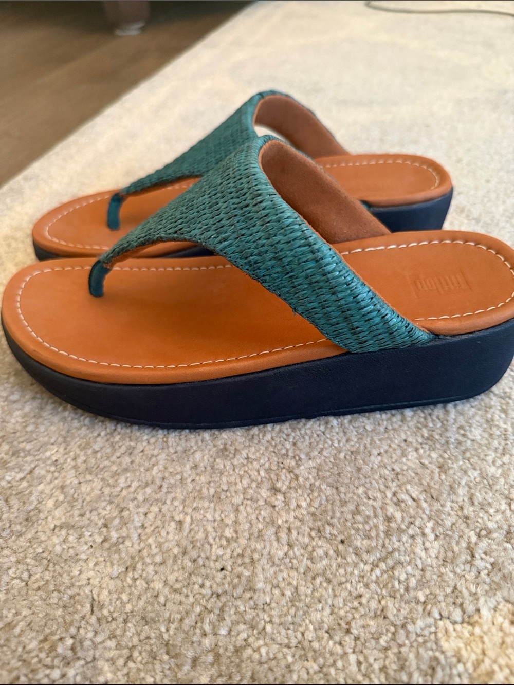 FitFlop Sea Blue Raffia Weave Toe-Thong Wedge Sandals Women’s US 8 EU 39 - Picture 2 of 7